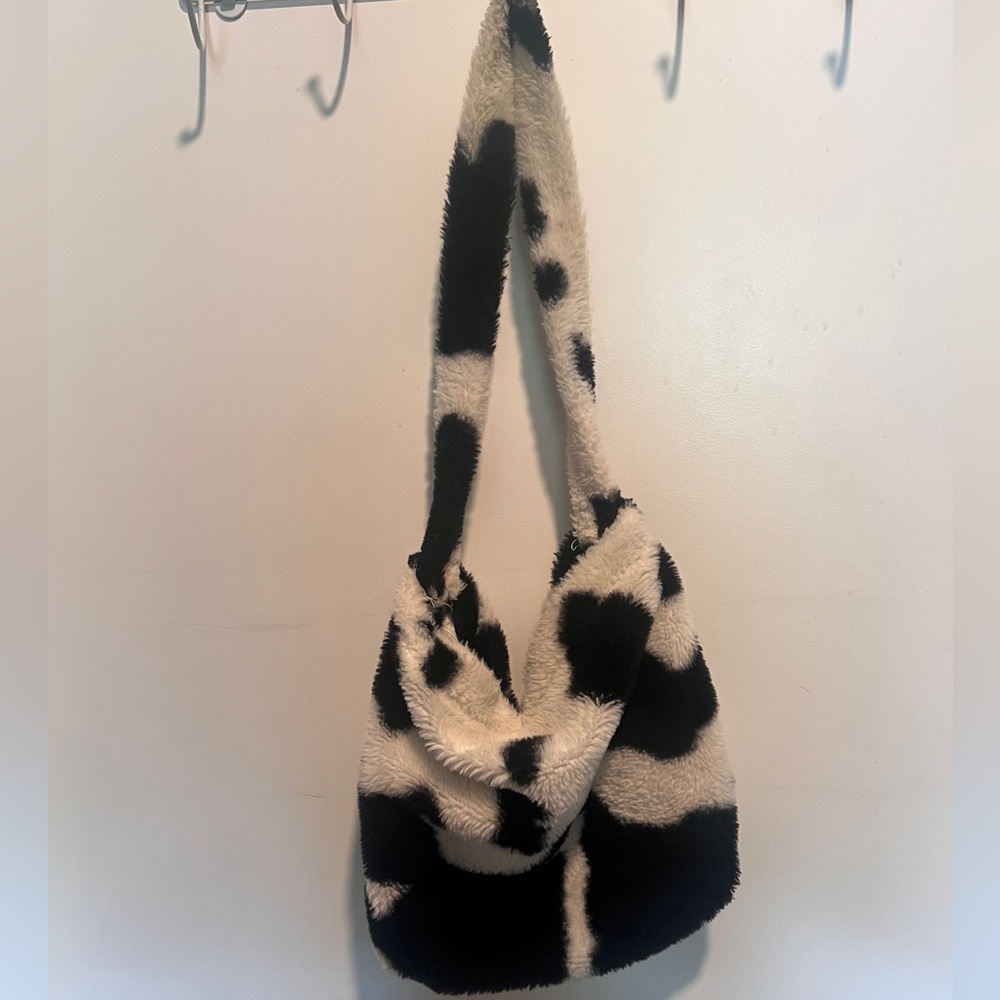 Fleece black and white cow print purse
